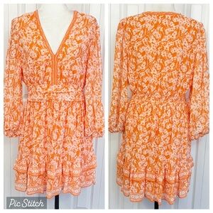 NWT Max Studio London Orange Floral Smocked Sheer Sleeve Ruffle Dress
